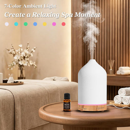 URPOWER 180ML Ceramic Essential Oil Diffuser, Ultrasonic Aromatherapy Diffuser with 7-Color Lights, Auto Shut-Off, Quiet Oil Diffuser for Bedroom, Home Office
