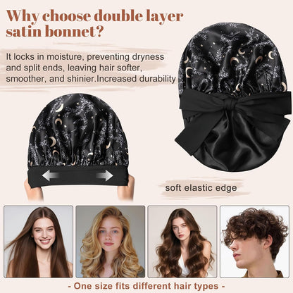 Satin Bonnet for Sleeping Cap Double Layer Hair Bonnet with Elastic Tie Band for Curly Hair Night Cap (Bean Paste + Pink)