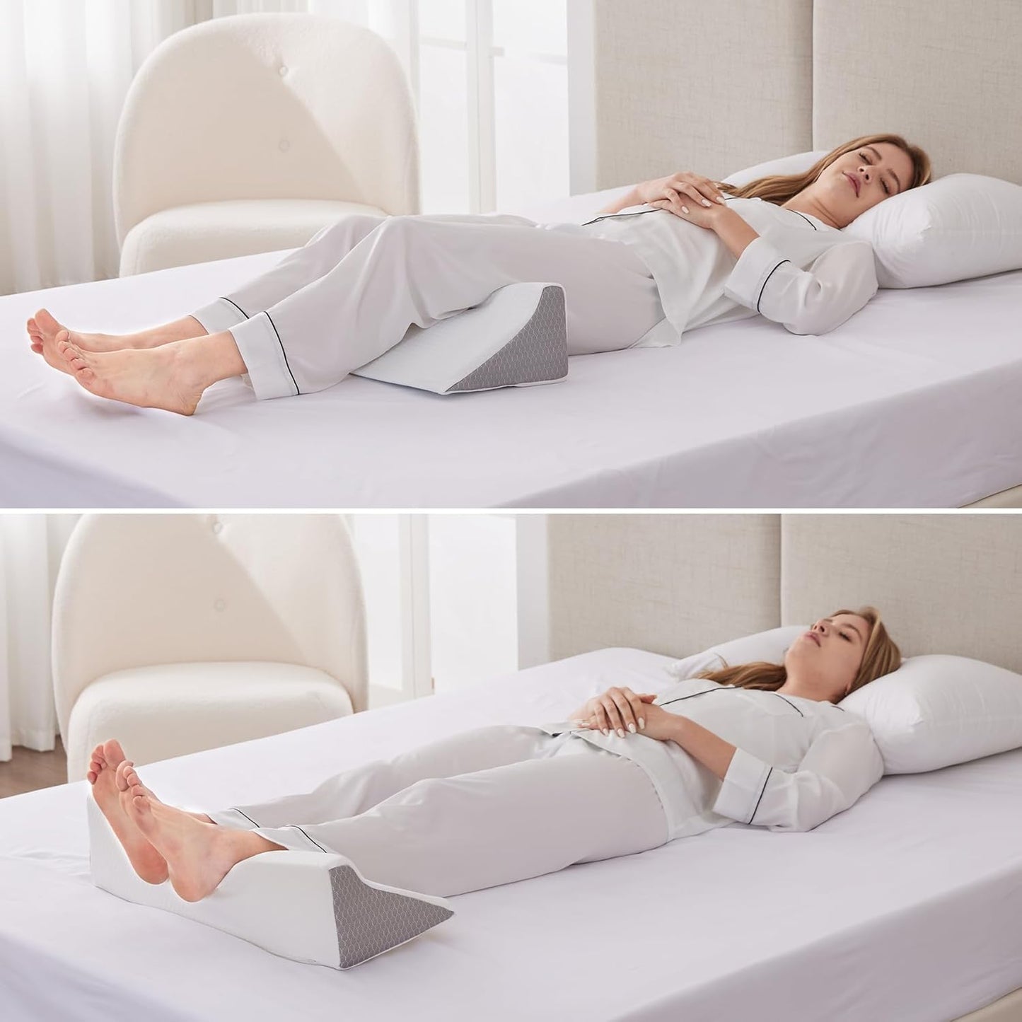 Bedluxe Knee Pillow for Back Sleeping, Leg Pillow Knee Wedge Pillow, Memory Foam Wedge Pillows for Legs Post Surgery, Triangle Pillow for Knee Support, Leg Elevation, Knees Hip Back Pain Relief, White