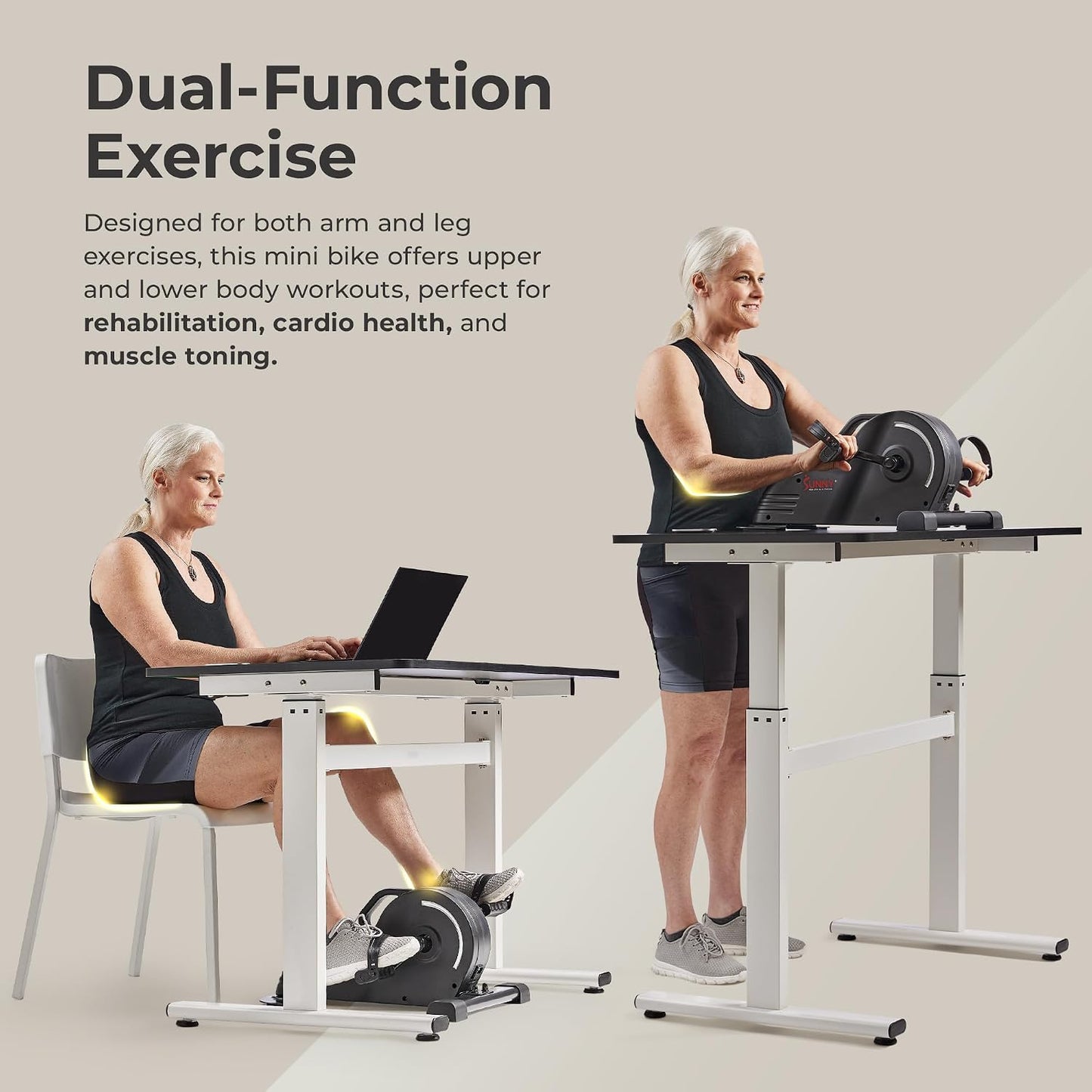 Sunny Health & Fitness Smart Motorized 2-in-1 Pedal Exerciser, Indoor Compact Under-Desk Mini Bike for Low-Impact Cardio Workout and Physical Therapy, Free SunnyFit Training App Connection