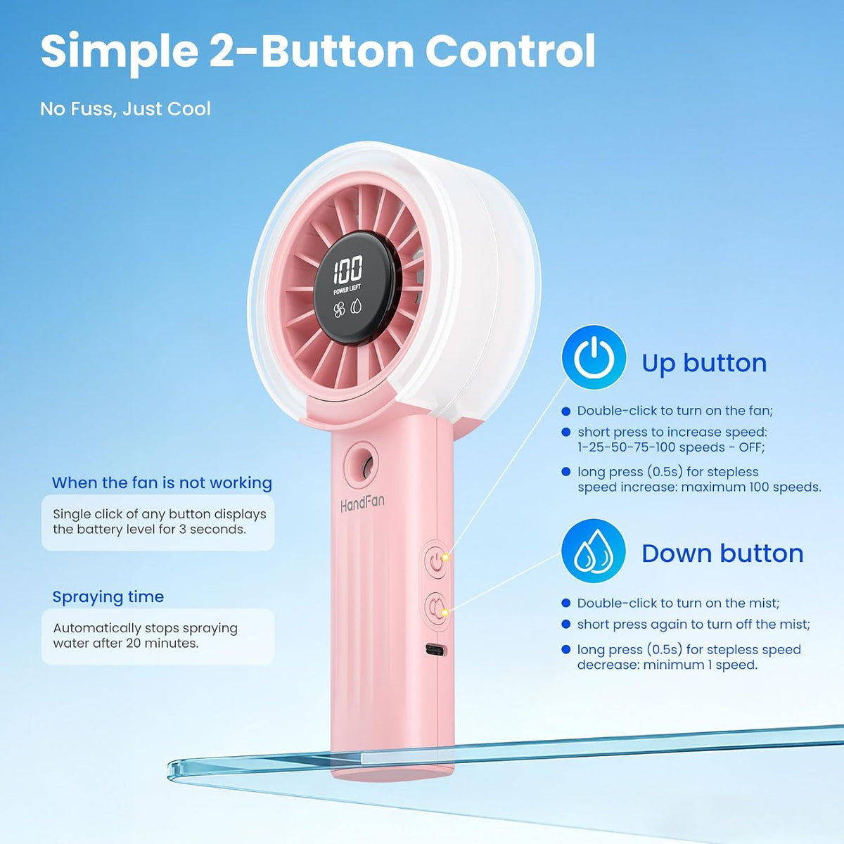 HandFan Upgraded Misting Fan with LED Display – Extreme Cooling Portable Handheld Fan with Water Mist Spray, 50% Stronger Airflow & Quieter, USB Rechargeable for Travel/Park/Disney/Beach/Concert/Game