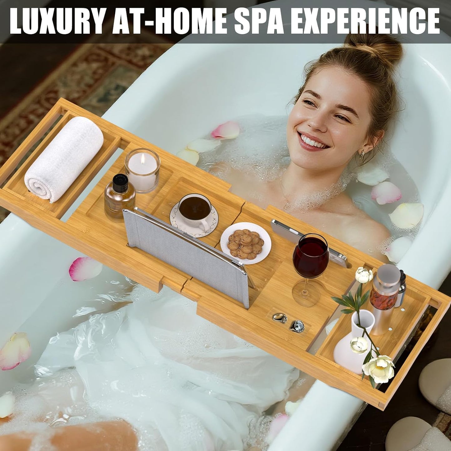 Expandable Bamboo Bathtub Caddy Tray for Luxury Bath