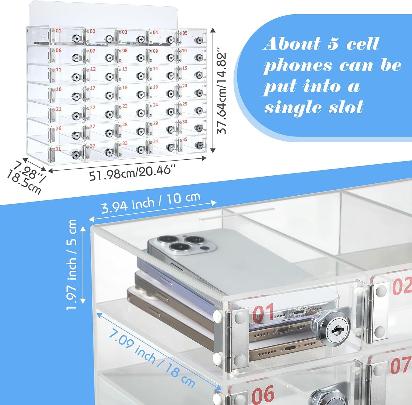 Threan 12 Slot Cell Phone Storage Box, Acrylic Clear Cell Phone Storage Cabinet Wall Mounted with Door, Locks and Keys for Office School Factory