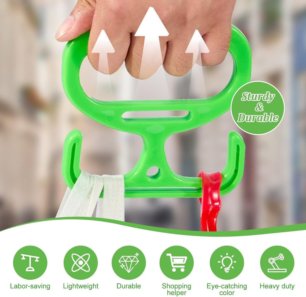 Heavy Duty Shopping Bag Handle Carrier, Green, Plastic, Lightweight Grocery Bag Holder with Ergonomic Grip, 10.5x10.5x0.5cm, Labor-Saving Design（2 Handle (Green)