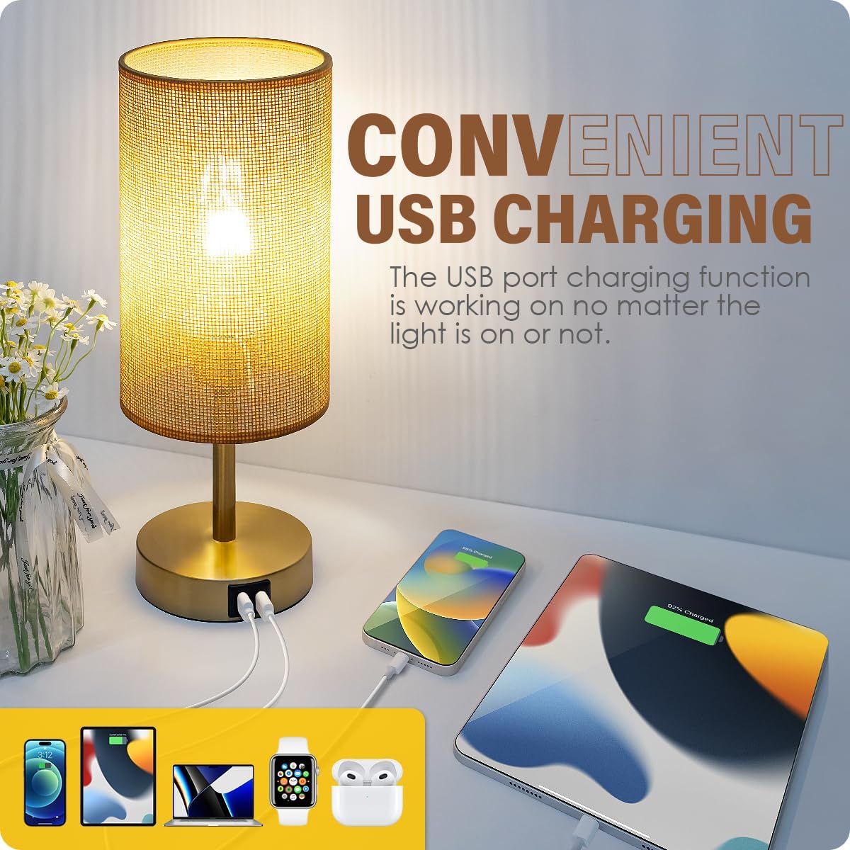 Yarra-Decor Bedside Table Lamp with USB Ports - Touch Control for Bedroom 3 Way Dimmable Nightstand Lamp with Round Fabric Shade for Living Room, Dorm, Home Office, Corded Electric, Without Battery