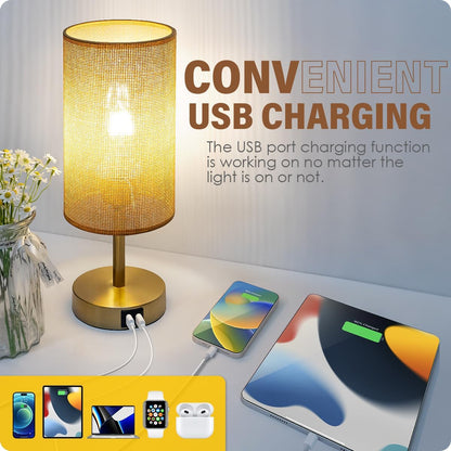 Yarra-Decor Bedside Table Lamp with USB Ports - Touch Control for Bedroom 3 Way Dimmable Nightstand Lamp with Round Fabric Shade for Living Room, Dorm, Home Office, Corded Electric, Without Battery