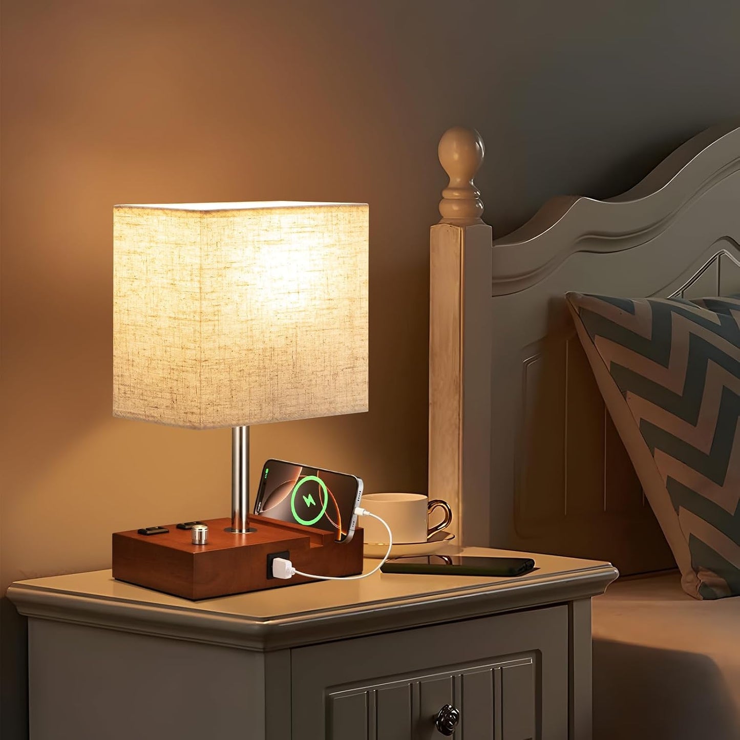 Kakanuo Fully Dimmable Nightstand Lamp for Bedroom with USB C Ports, Grey Small Bedside Table Lamp with Charging Outlets and Phone Stands, Wooden Desk Lamp for Living Room, LED Bulb Included