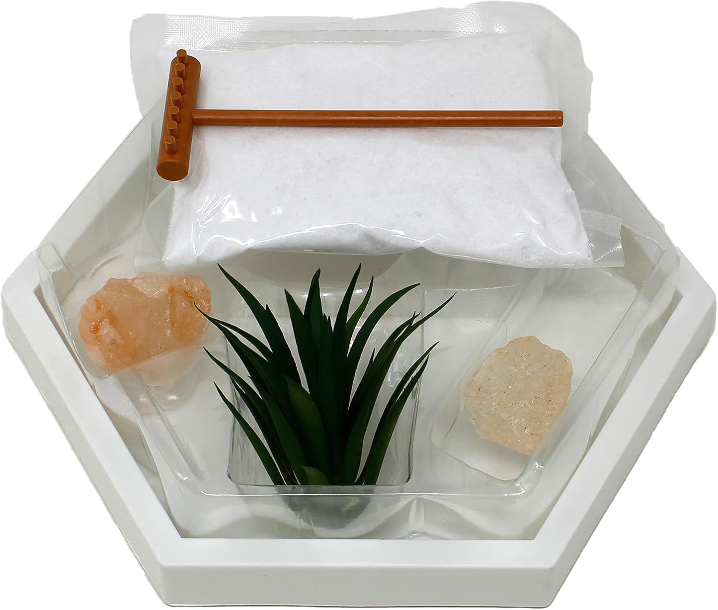 Nature's Mark Mini Zen Garden Kit for Desk with White Sand, Rake, White Base, Salt Rock and Air Plant (Round)