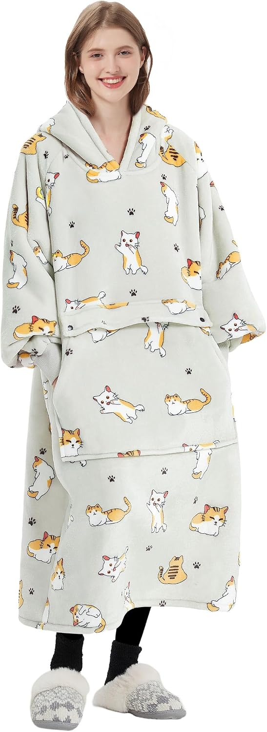 KFUBUO Wearable Blanket Hoodie for Adults Sherpa All Patterns Cat Oversized Sweatshirt Blanket with Pockets for Women