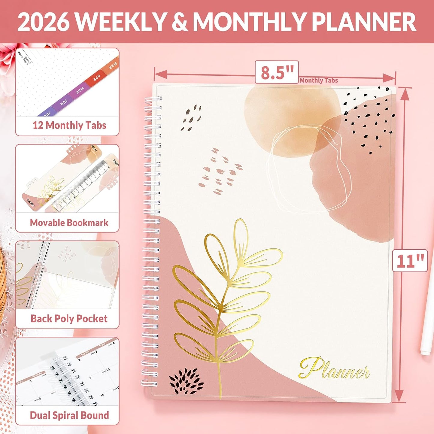 SUNEE Academic Planner 2026-2027 – Weekly & Monthly Planner, July 2026 to June 2027, 6.4"x8.3", Thick Paper, Tabs, Pockets, Bookmark, Spiral-Bound, Student Teacher Organizer, Black