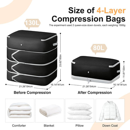 Comforter Storage Bag - 130L Large Capacity Blanket Storage Bags 4-Layer Ultra Space Saving Self Compression Organizer, Washable Compression Bags for Storage Comforter Blanket, Beige