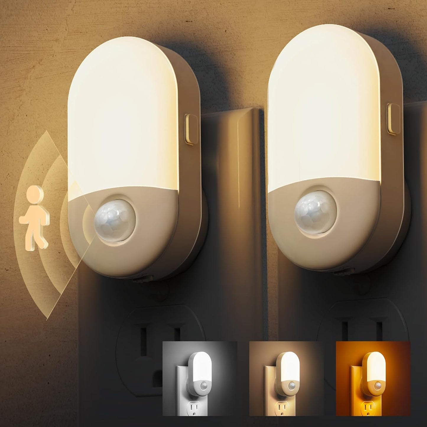 L LOHAS LED Amber Night Light, 2 Pack, Night Lights Plug into Wall Motion Sensor, 0.6W 2000K, LED Nightlights, 30/60LM Adjustable Brightness, Automatic Low Blue Nightlight for Kids, Bathroom, Hallway