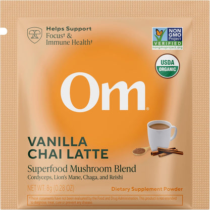 OM MUSHROOM SUPERFOOD Matcha Latte Blend – Green Tea Mushroom Powder with Lion’s Mane, Reishi, Chaga & Turkey Tail – Focus, Calm & Stress Support – 8.47 oz Canister (30 Servings)