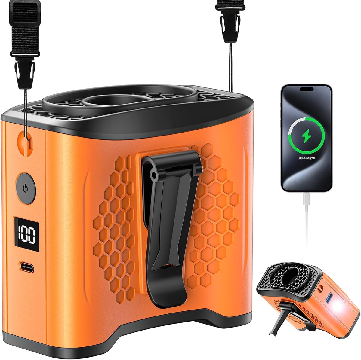 Portable Waist Fan Clip On, 4 Speeds 13000RPM Strong Airflow with 10000mAh Battery & Mobile Charging, Wearable Shirt Fan for Neck with SOS Light, LCD Display, for World Cup, Outdoor, Hiking, Working