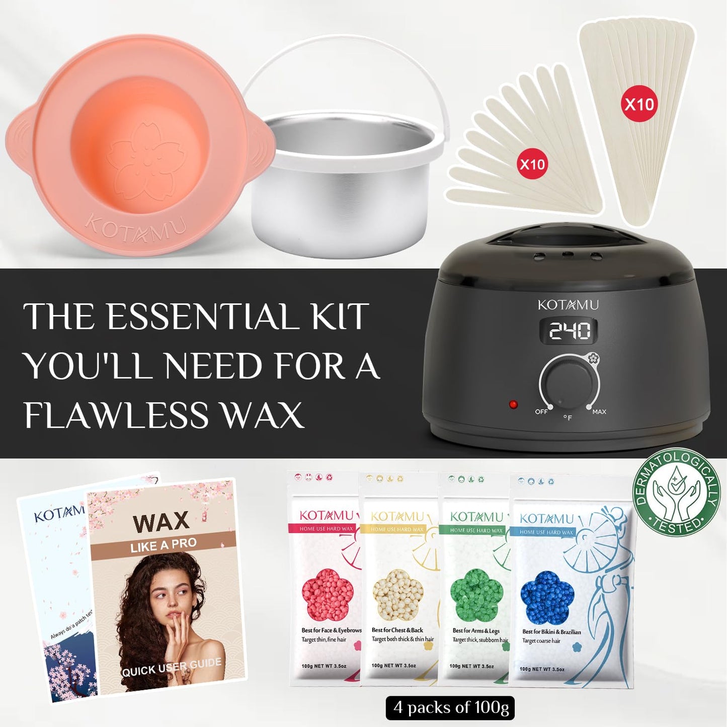 KOTAMU Waxing Kit for Women & Men, Pink Digital Wax Pot Warmer Hair Removal | Home Hard Wax Kit, Wax Machine, Face, Eyebrow, Bikini, Brazilian, Body, Sensitive Skin, 25 Accessories, Beginner-Friendly