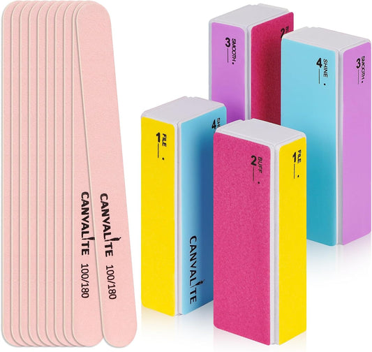 Canvalite Nail Files and Buffers, Shapes/Smooths/Shines Multi-Functional File & Polishing Buffing Block with 100/180 Grit Emery Boards, 14pcs Manicure Kit Natural Nail Care