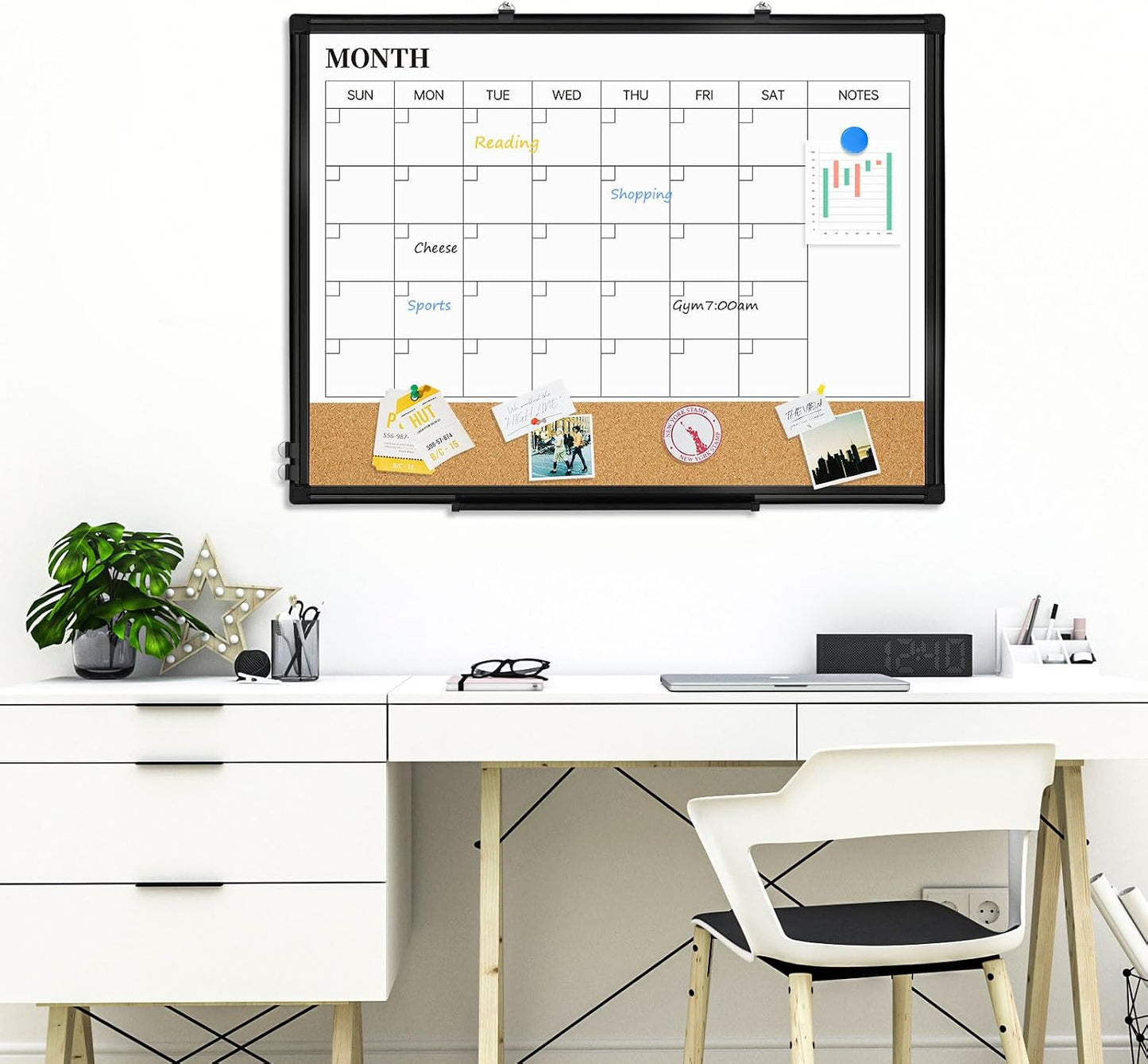 Dry Erase Calendar Whiteboard for Wall, 24"x18" Magnetic Monthly White Board Cork Board Combo, Double Sided, Aluminum Frame, Wall Hanging Wipe Board for Home, Office, School, Dorm