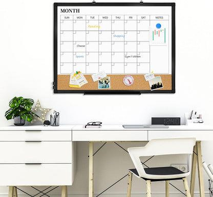 Dry Erase Calendar Whiteboard for Wall, 24"x18" Magnetic Monthly White Board Cork Board Combo, Double Sided, Aluminum Frame, Wall Hanging Wipe Board for Home, Office, School, Dorm