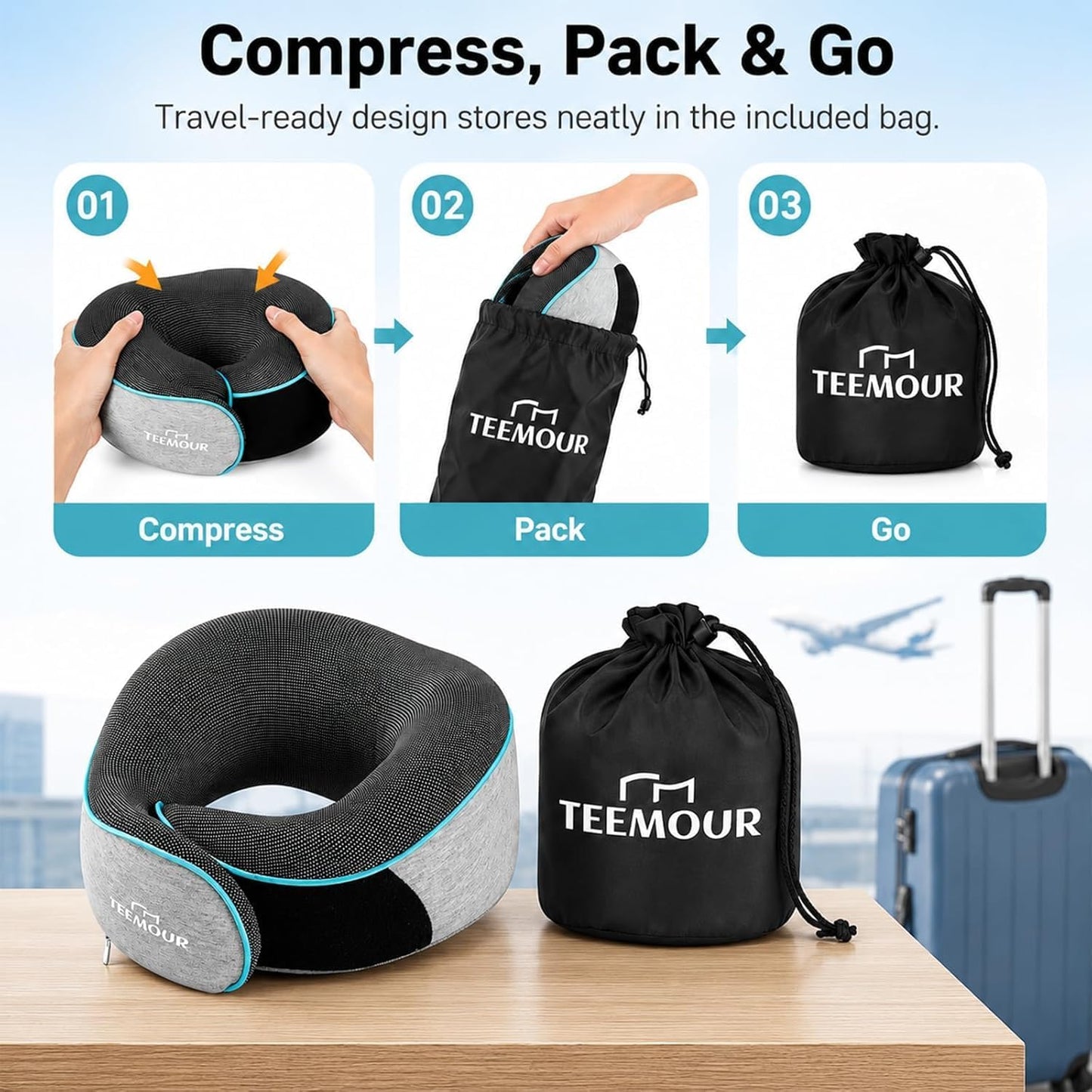 Travel Pillow Neck Pillow for Airplane Travel Essentials - Memory Foam Travel Neck Pillow, Stops Head Bobbing With Eye Mask & Earplugs, Portable Carry Bag for Long Flights| Airplane Accessories Black