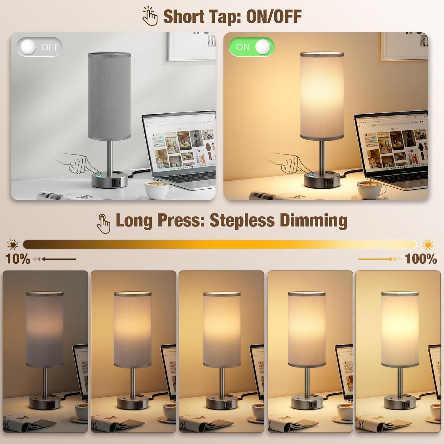 Touch Bedside Table Lamp with Memory - Stepless Dimmable Lamp for Bedroom, Small Nightstand Lamp with Dual USB Charging Ports and AC Outlet, Wood Night Light, Desk Lamp for Nursery, Living Room, Dorm