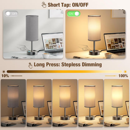 Touch Bedside Table Lamp with Memory - Stepless Dimmable Lamp for Bedroom, Small Nightstand Lamp with Dual USB Charging Ports and AC Outlet, Wood Night Light, Desk Lamp for Nursery, Living Room, Dorm