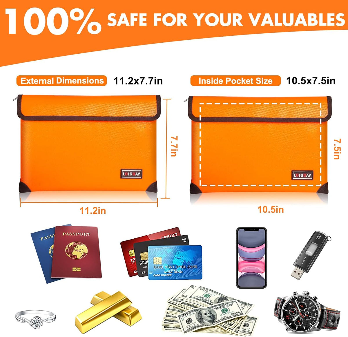 Fireproof Document Bag - with 5200°F Heat Insulated, Waterproof Fireproof Bag with Zipper, 8 Layers of Functional Materials, Fireproof Money Bag for Cash/Documents/Valuables, Fire bag 11"x7.7"