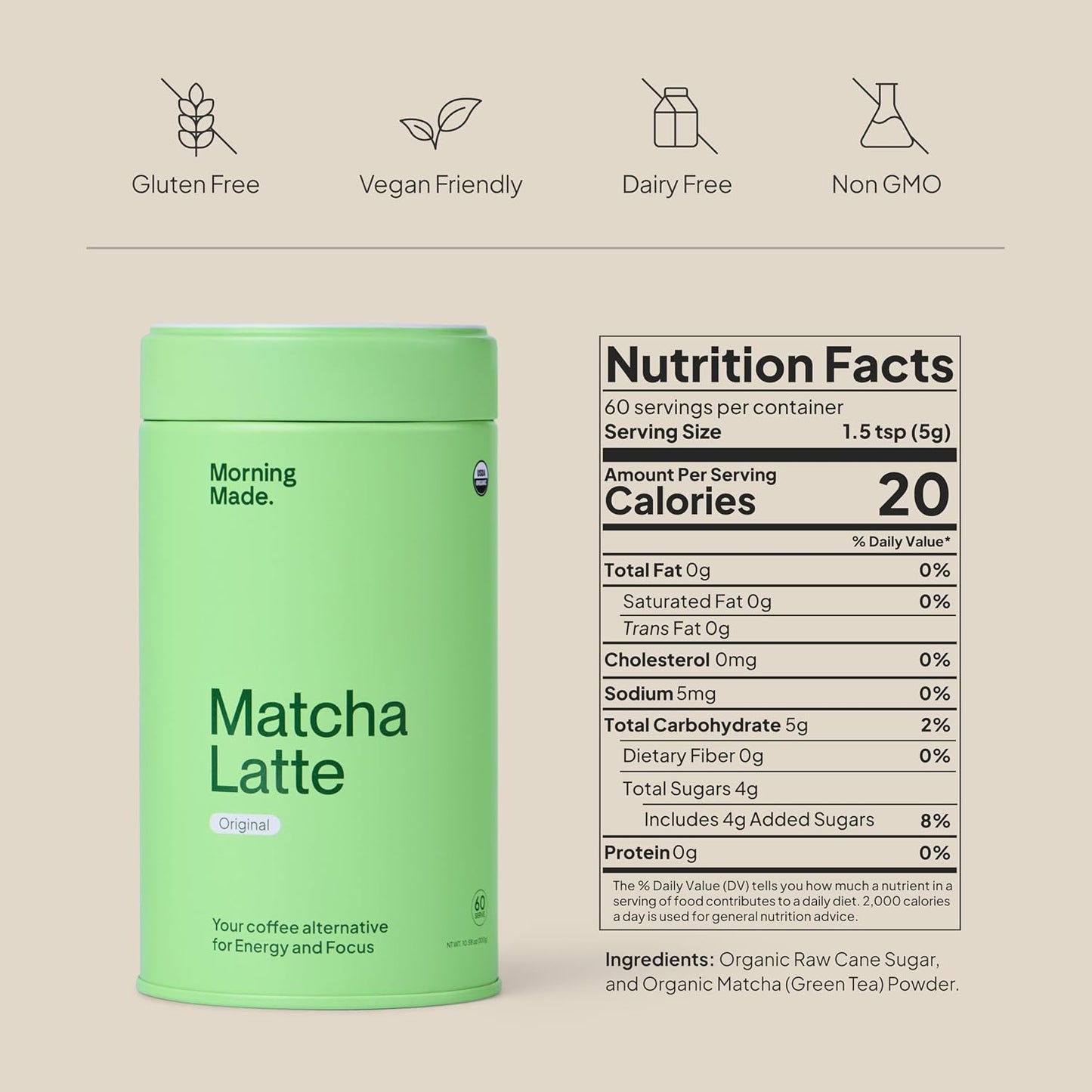 Morning Made Vanilla Ceremonial Grade Matcha Powder - USDA Organic Japanese Green Tea Matcha Powder from Uji Japan - Vegan, Gluten-Free, Resealable Tin (10.6 oz, 60 Servings)