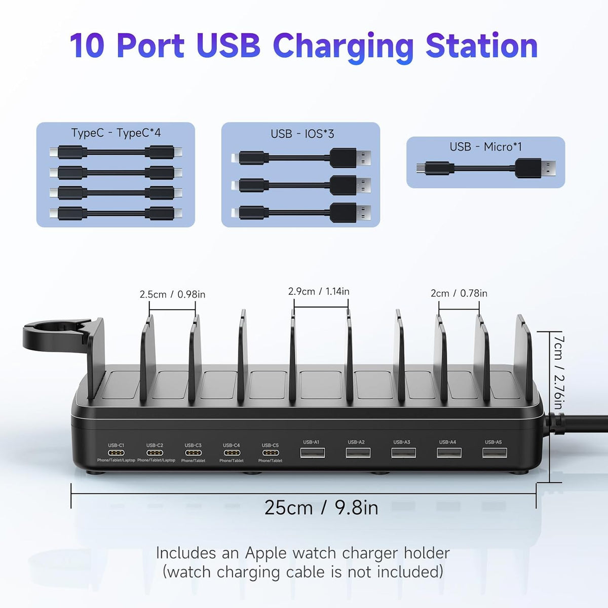 320W Charging Station for Multiple Devices, 10 Ports Fast Multi-Device Charger Organizer Compatible with MacBook Pro Laptop, iPhone, Android, Ipad, Tablet, Kindle, Family Multi-Device Charging Dock