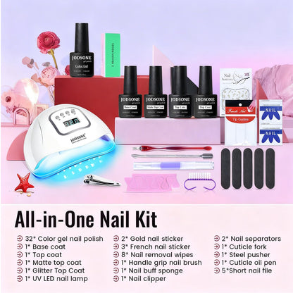 JODSONE Gel Nail Polish Kit with U V Light 32 Colors Gel Polish Nail + 4 Functional Adhesive Bottles Kit Soak Off Manicure Tools Gifts for Women