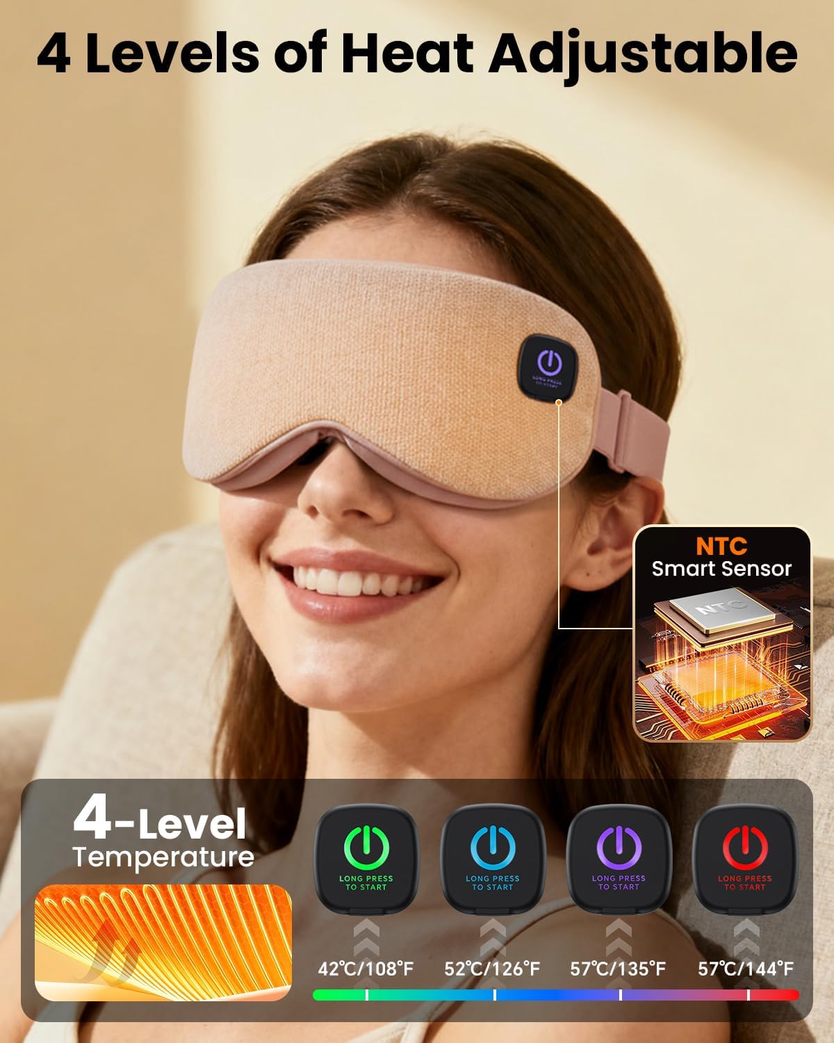 Cordless Heated Eye Mask with 1500mAh Large Battery, 4 Heat Levels & 100% Blackout for Dry Eyes Relief, Fast Heating Eye Heating Pad with 2 Washable Covers for Sleep, Travel, MGD, Blepharitis