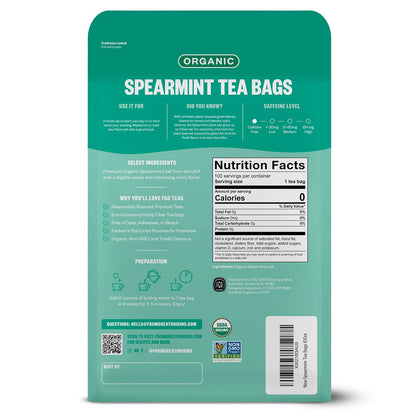 FGO Organic Spearmint Leaf Tea, 100 Count, Eco-Conscious Tea Bags, Caffeine Free, Resealable Bag, Packaging May Vary (Pack of 1)