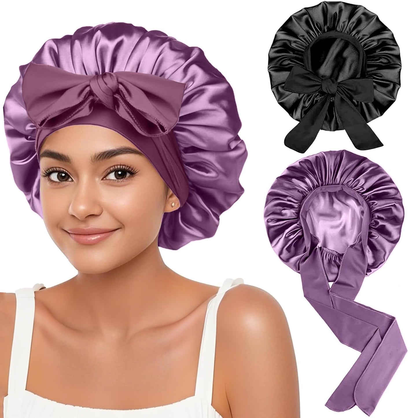 2Pcs Silk Hair Satin Bonnet for Sleeping Women,Large Satin Sleep Bonnets for Women with Elastic Tie Band Silk Hair Wrap with Ajustable Straps,Night Sleep Cap for Curly Braids,Black+Rose Gold