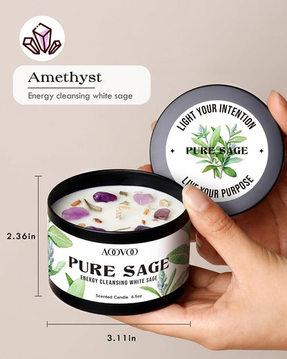 AOOVOO Sage Candle for Cleansing - 3 Wick 12oz Large Scented Candle with Crystals & Sage Leaves Inside, Soy Candles Non Toxic for Meditation Spiritual Gift, Aromatherapy Candle for Women Men