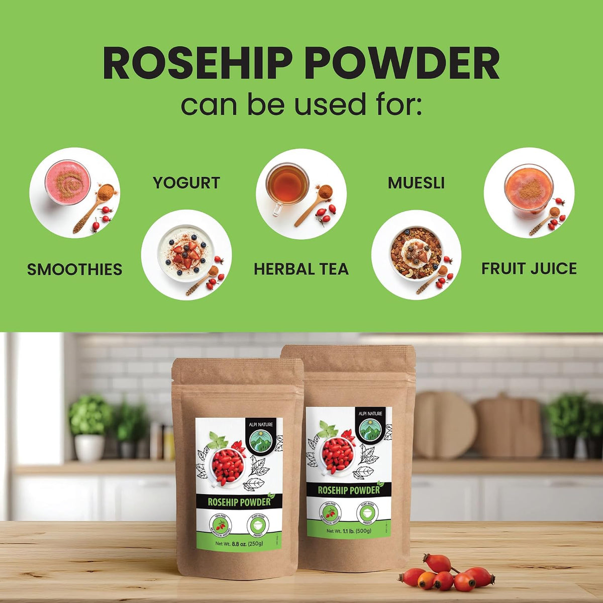 Alpi Nature Rosehip Powder 1.1 lb 500g, Dried and Ground Rosehips