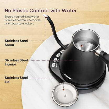 Cosori Electric Gooseneck Kettle Smart Bluetooth with Variable Temperature Control, Pour Over Coffee & Tea, 100% Stainless Steel Inner Lid & Bottom, Quick Heating, Matte Black