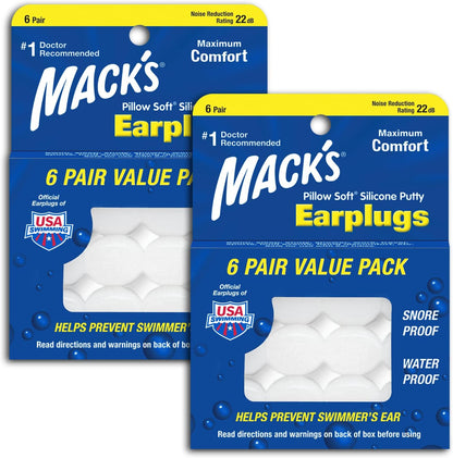 Mack's Pillow Soft Silicone Earplugs - 6 Pair (Pack of 8), Value Pack – The Original Moldable Silicone Putty Ear Plugs for Sleeping, Snoring, Swimming, Travel, Concerts and Studying