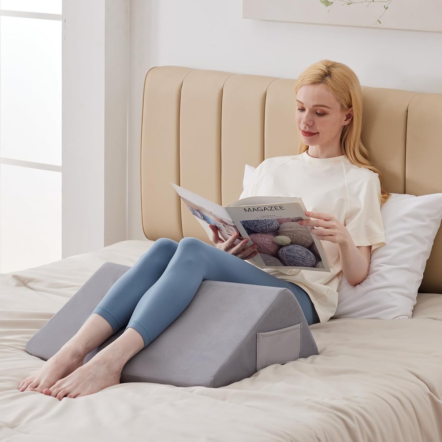Ruqmuis Knee Pillow for Back Sleeping, 8” Knee Wedge Pillow to Elevate Knee, Leg Pillow for Back Pain Relief, Triangle Pillow, Leg Elevation Pillows for After Surgery, Blood Circulation, White/Grey