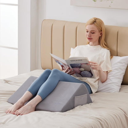 Ruqmuis Knee Pillow for Back Sleeping, 8” Knee Wedge Pillow to Elevate Knee, Leg Pillow for Back Pain Relief, Triangle Pillow, Leg Elevation Pillows for After Surgery, Blood Circulation, White/Grey