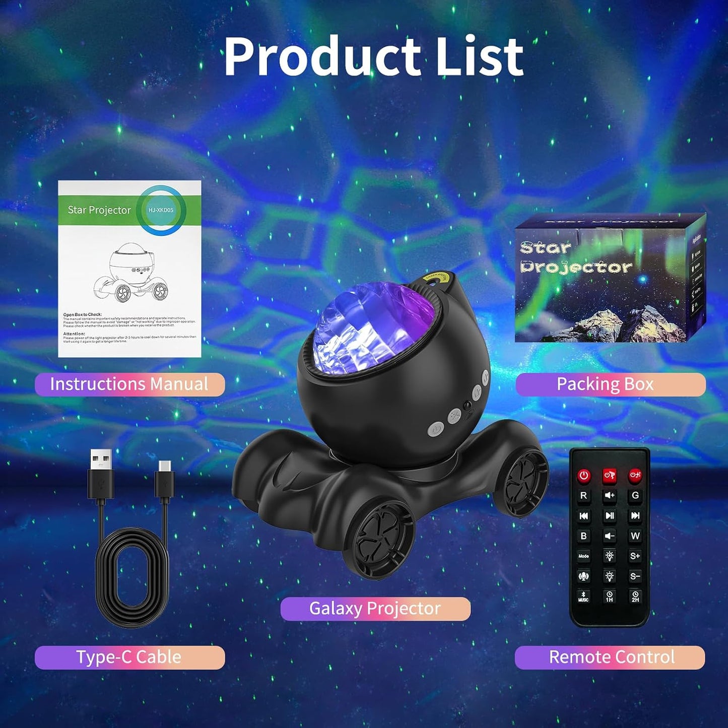 ENOKIK Galaxy Projector, Star Aurora Projector Built-in Bluetooth Speaker, Night Light for Kids Adults, White Noise Light for Home Decor/Relaxation/Party/Music/Gift (Black)