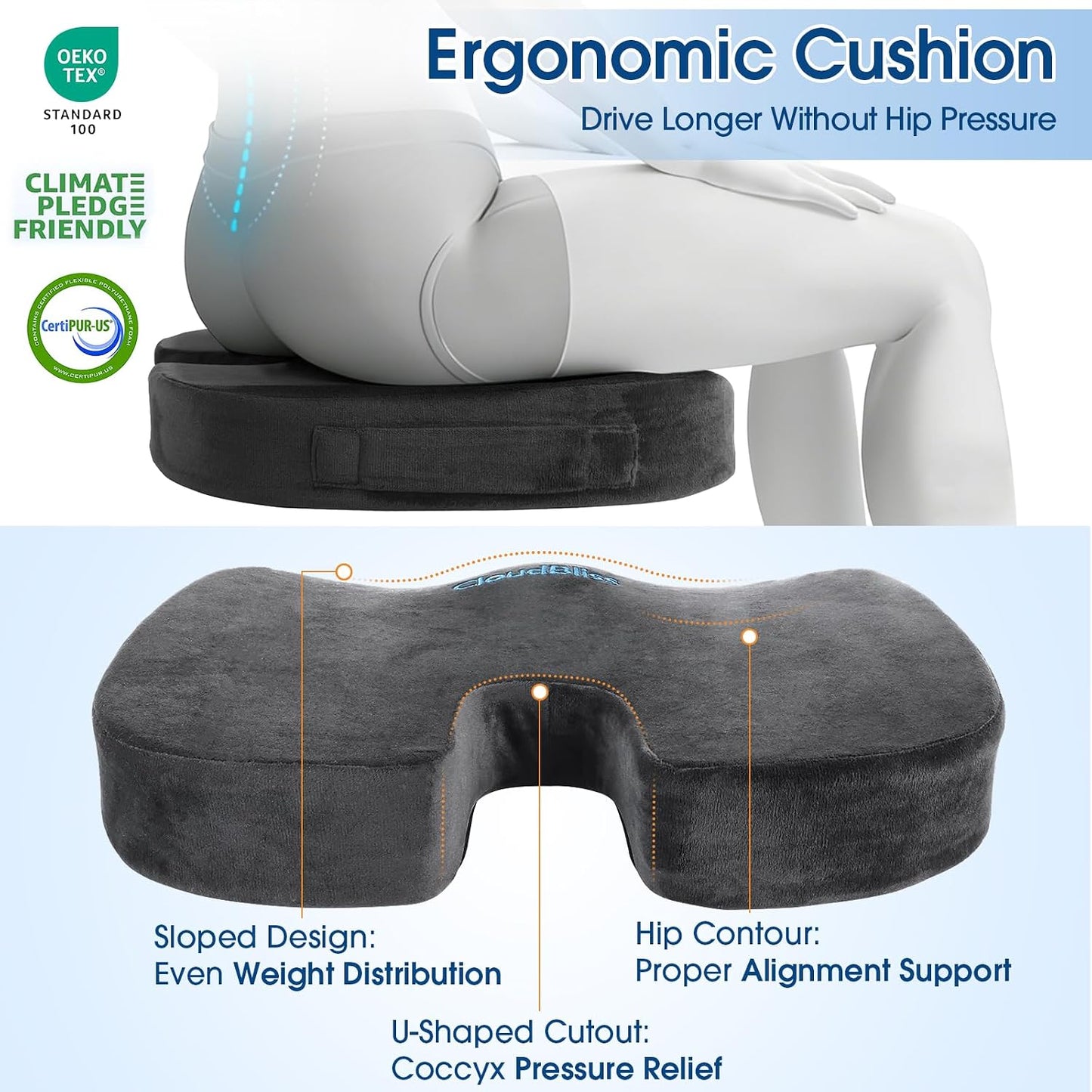 CloudBliss Lumbar Support Pillow & Seat Cushion Set for Office Chair, Desk Chair, Wheelchair & Car – Memory Foam Back Support, Ergonomic Chair Cushions, Sciatica Pain Relief, Home Essentials, Black