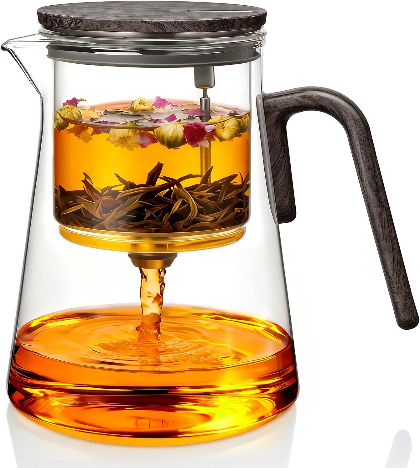 ZENS Magnetic Tea Pot, Enchanted Glass Teapot with Infuser and Magnetic Suction Lid for Mess-Free Loose Tea Diffusers, Walnut Wood Handle, Tea Lovers Gifts