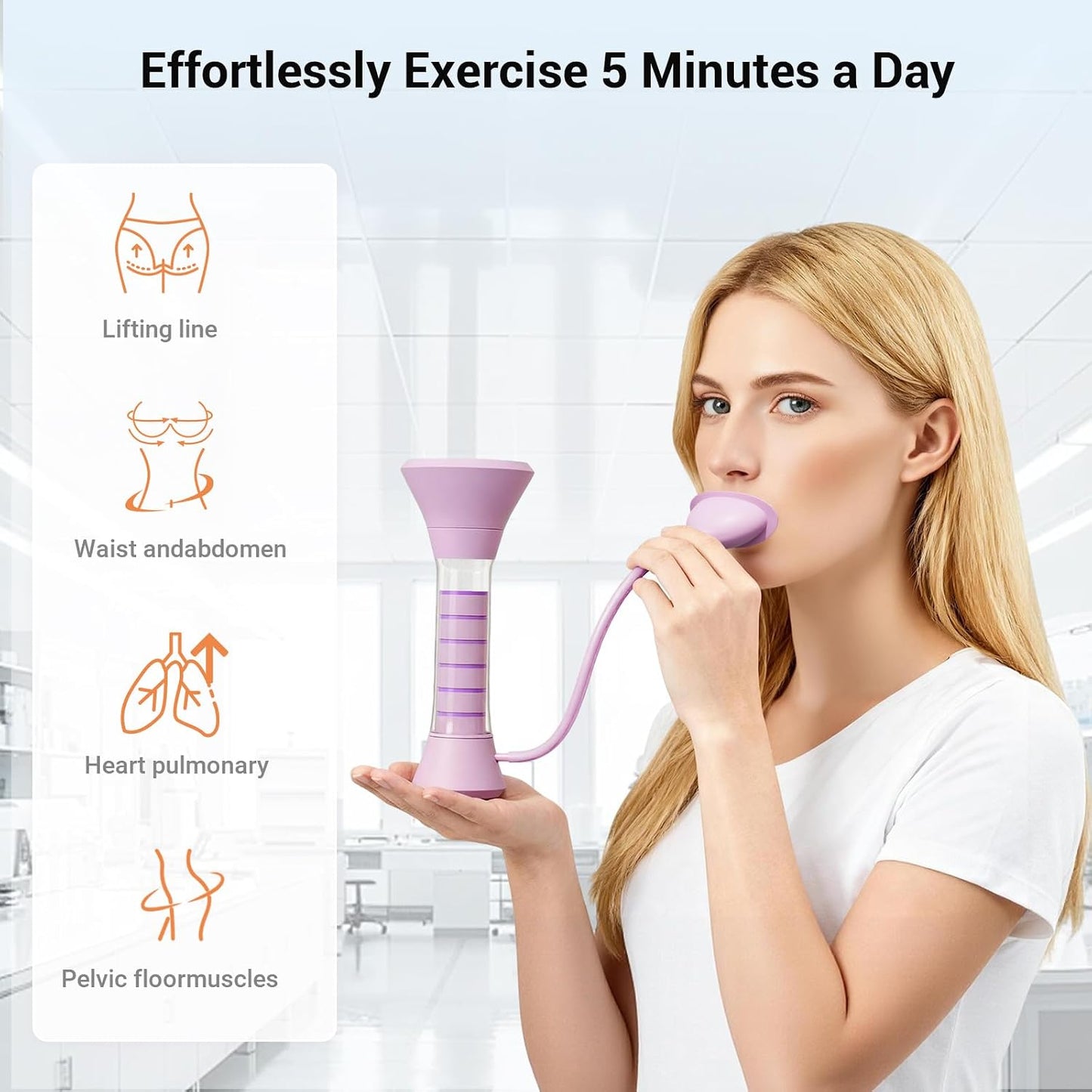 Deep Breathing Trainer, Adult Abdominal Weight Loss Trainer, Easy to Use and Clean, Breathing Dumbbell with 5-Speed Adjustable Type-C Charging Model (Purple)