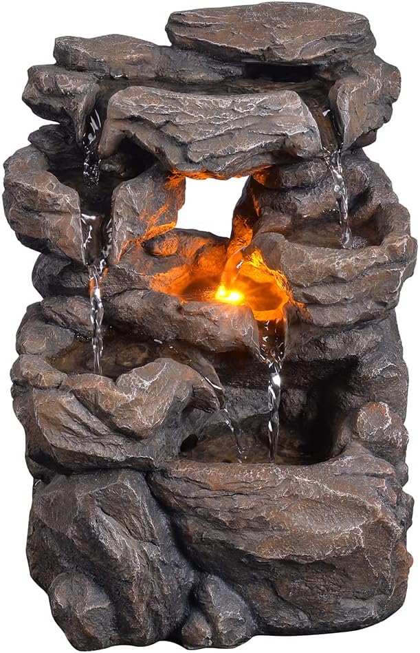 Cascading Indoor Tabletop Water Fountains with LED Light - Rockery Waterfall Fountain - Quiet and Relaxing Water Sound - Small 9.7 Inch Desktop Size - Home/Office Decor