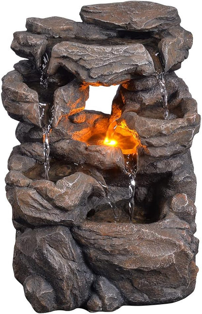 Cascading Indoor Tabletop Water Fountains with LED Light - Rockery Waterfall Fountain - Quiet and Relaxing Water Sound - Small 9.7 Inch Desktop Size - Home/Office Decor
