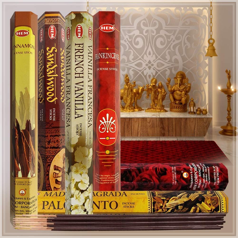 Hem Incense Sticks Variety Pack #23-120 Insence-Sticks (6 Incents x 20 Insense) + Incense Stick Holder with 6 Most Liked Scents Including Patchouli Dragons Blood White Sage Frankincense-Myrrh