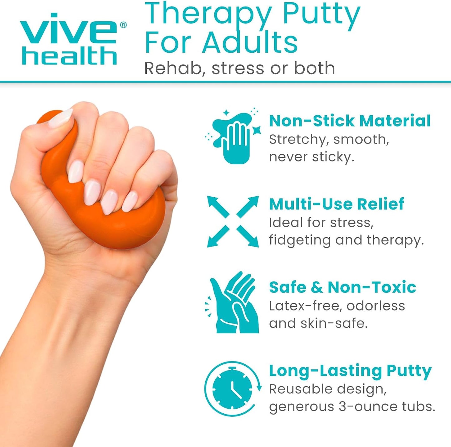 Vive Therapy Putty for Adults, for Hand (2 Pack) - Occupational Sensory Stress Relief Tools - for Physical Exercise, Finger Pain, Grip Strength, Rehab, Arthritis, Forearms, Fidgeting, Motor Skills