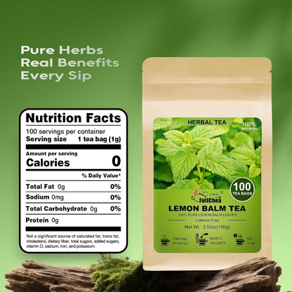 FullChea - Lemon Balm Tea Bags, 100 Count - Pure & Natural Dried Lemon Balm Leaves - Melissa Officinalis - Caffeine-free Herbal Tea for Relaxation - Non-GMO