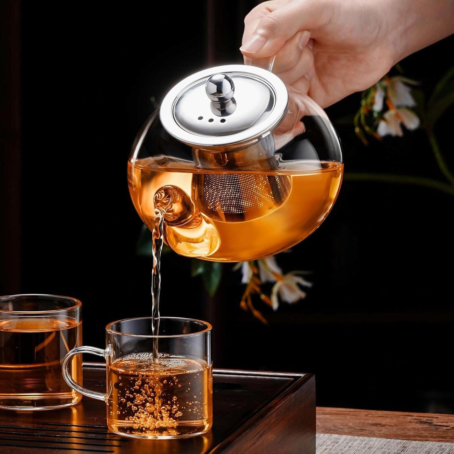 PARACITY Glass Teapot Stovetop 40 OZ/1200ml, Borosilicate Clear Tea Kettle with Removable 18/8 Stainless Steel Infuser, Teapot Blooming and Loose Leaf Tea Maker Tea Brewer for Camping, Travel