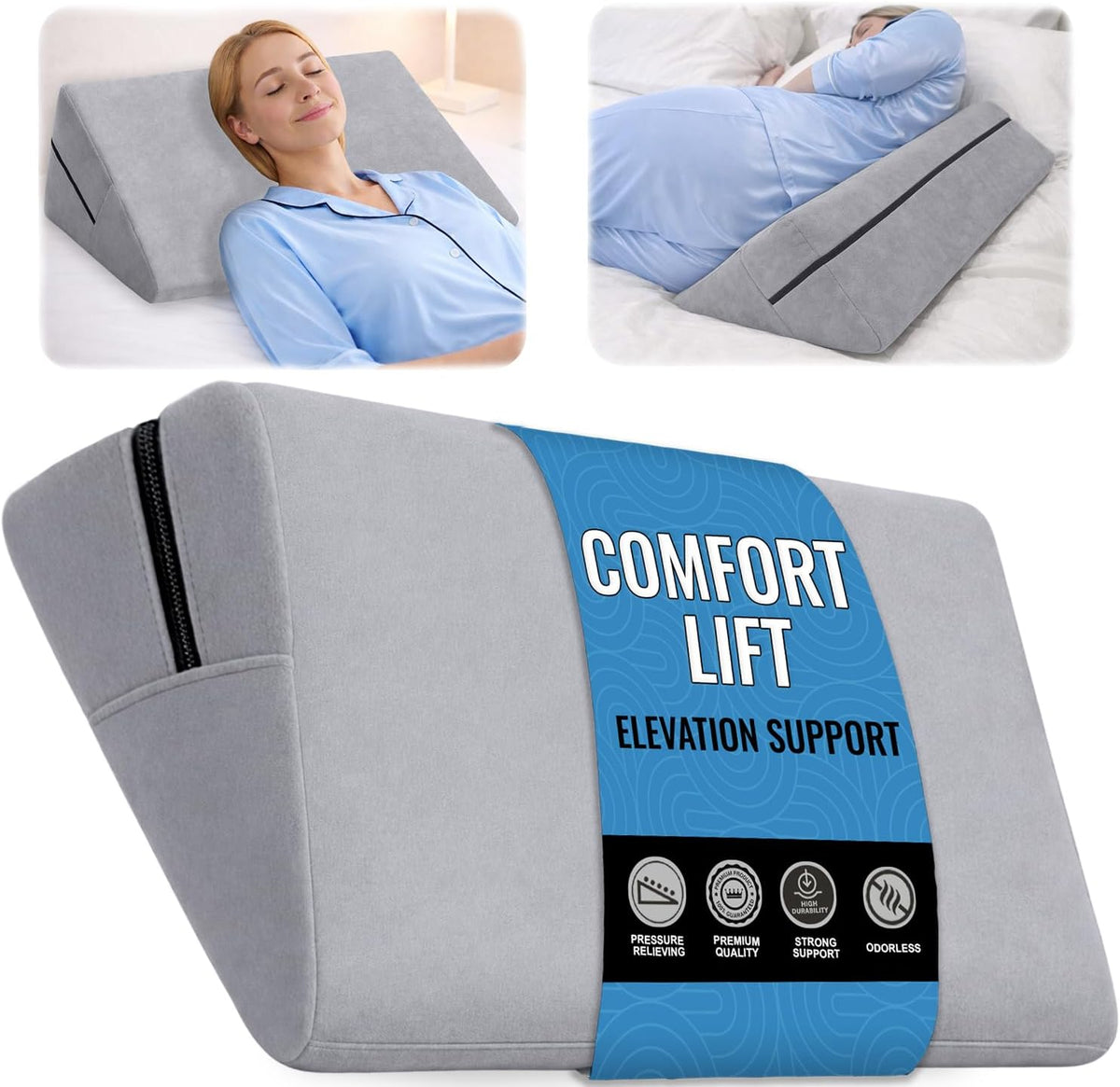 sokoro Bed Wedge Pillow for Sleeping, Small 7 Inch Compact Triangle Wedge Pillow for Acid Reflux, Sleep Apnea & Snoring Relief, Firm Incline for Back Support, Washable Cover (Grey, 24x14x7 in)