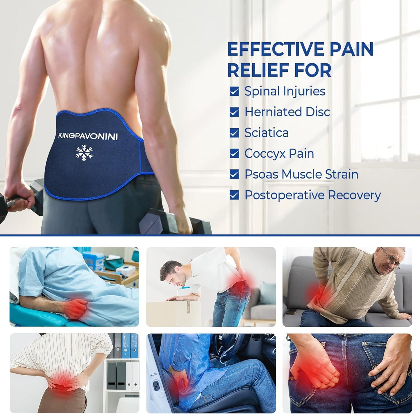 KingPavonini Extra Large Ice Pack for Back Pain Relief with Extension Strap, 2 Pack Reusable Lower Back Gel Ice Pack Wrap for Lumbar Surgery, Sciatica, Herniated Disc, Coccyx Pain, Cold/Hot Therapy